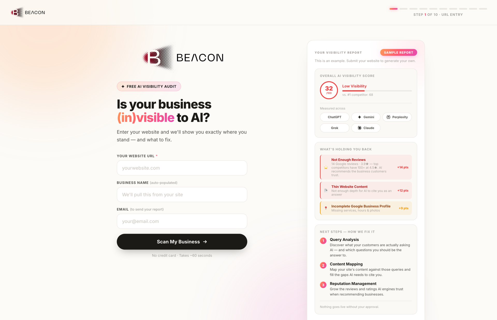 Beacon free AI visibility audit — URL entry