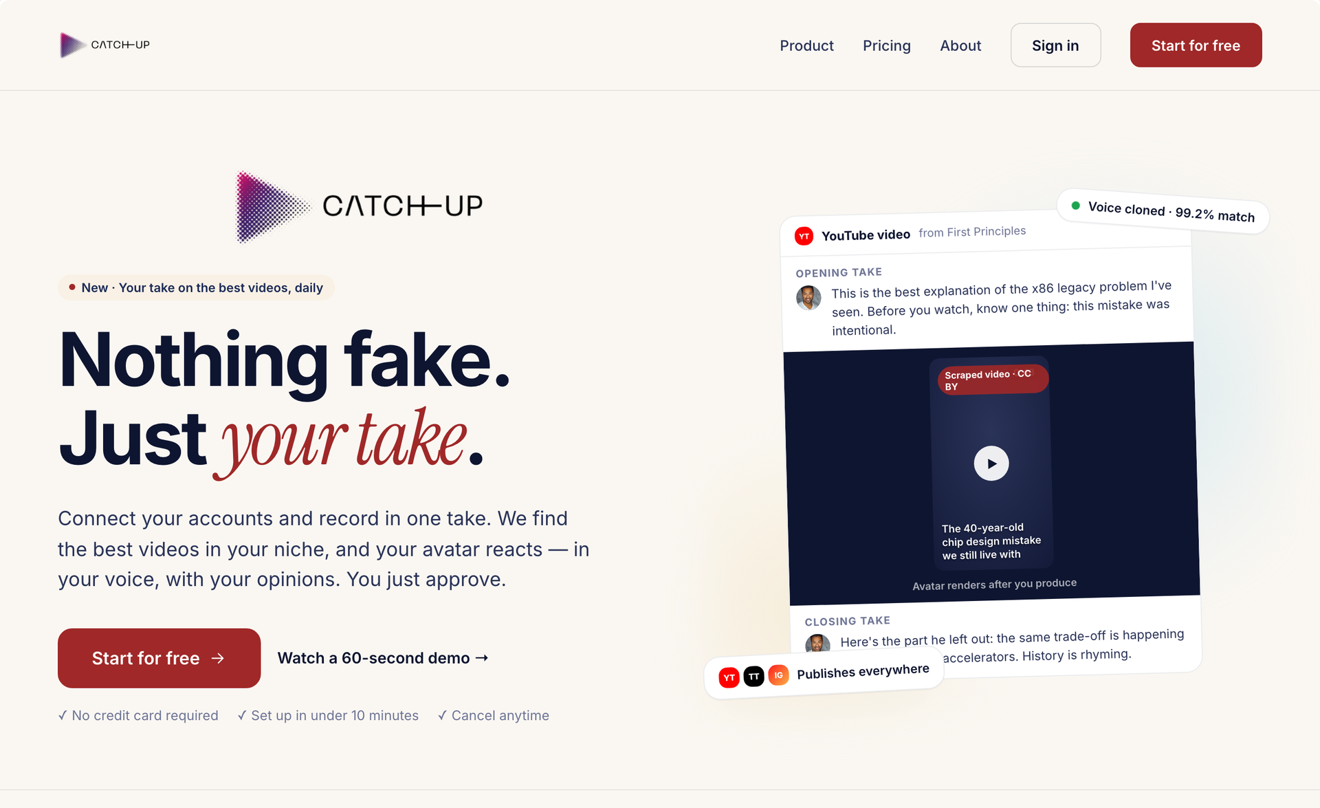 Catch-Up — connect your YouTube and record in one take, your avatar reacts in your voice